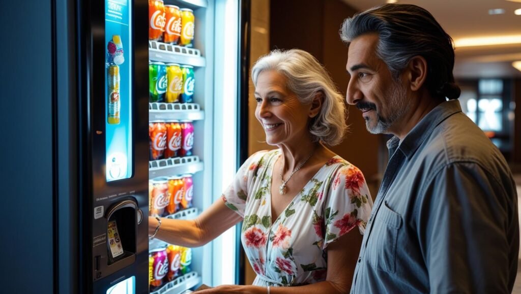 Older couple purchasing snacks from vending machines in hotel
